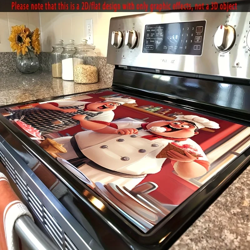 2D Flat Cartoon Chef Stove Cover – Heat & Scratch Resistant, Non-Slip Mat for Glass Cooktops & Kitchen Decor