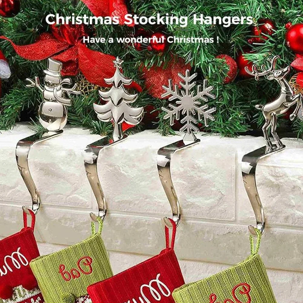 Mantel Shelf Christmas Stocking Holders Christmas Mantel Stocking Hooks Stainless Steel Santa Claus Snowman Elk Snowflake Decors