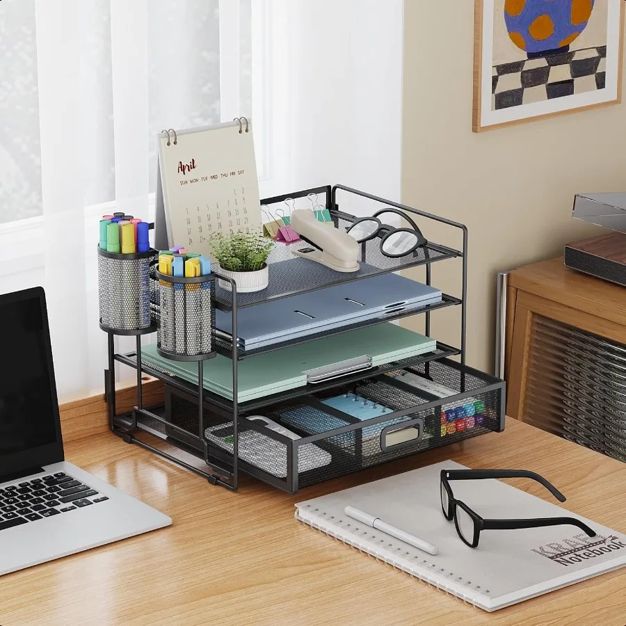 منظم مكتب Marbrasse وAcories4Tier Paper File Letter Tray Accories منظمو مكتب مساحة العمل مع درج وحامل قلمين