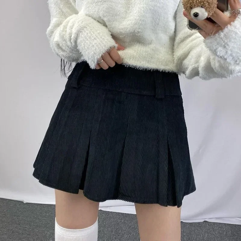 Fashion High Waist New Short Skirt Street Style Y2K Short Skirt Girl Ins Corduroy Pure Color Thin Pleated Skirt 2021 Fall Winter