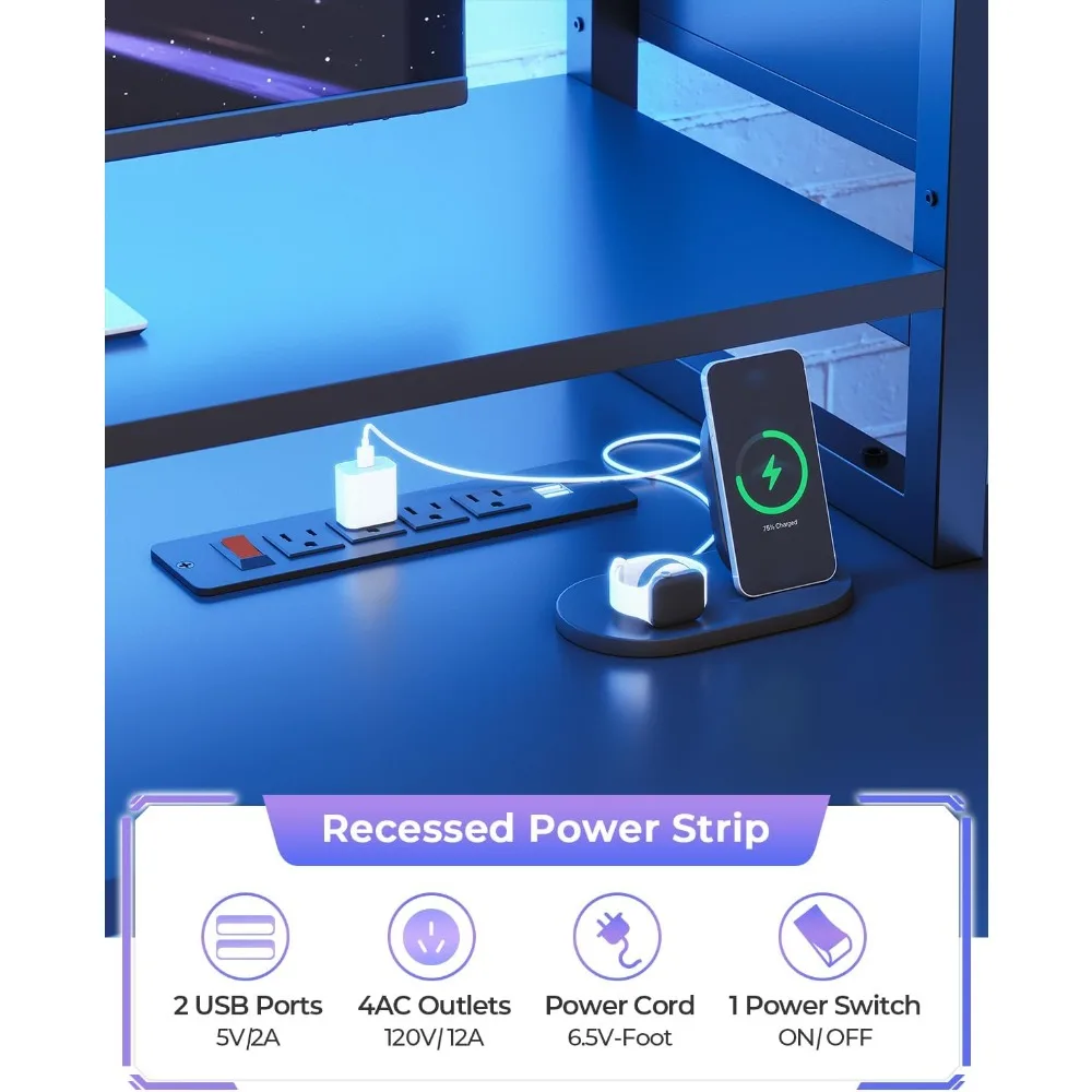 مكتب ألعاب 74.8 بوصة مزود بمصابيح LED وأرفف تخزين وحامل شاشة ومكتب كمبيوتر كبير لألعاب الكمبيوتر #6