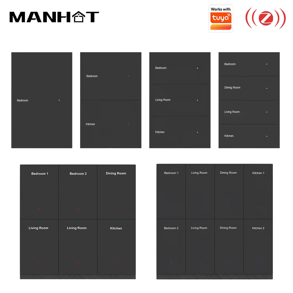 Manhot Zigbee DIY Name Switch Radar Sensing 1-8 Gang Push Button Light Switch Voice Control Work with Tuya APP Alexa Zigbee2MQTT