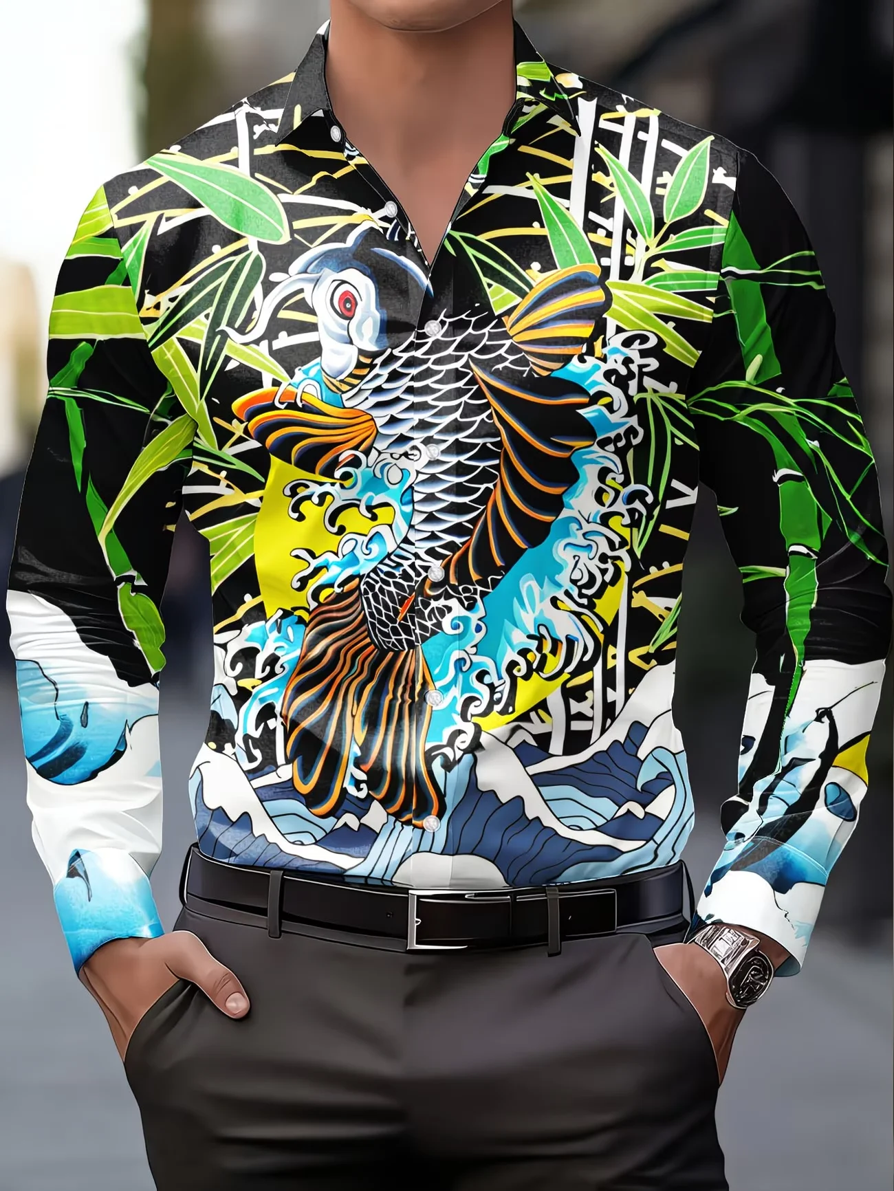 

New blue and white contrasting red rose print men's long sleeved shirt with a collared light luxury shirt