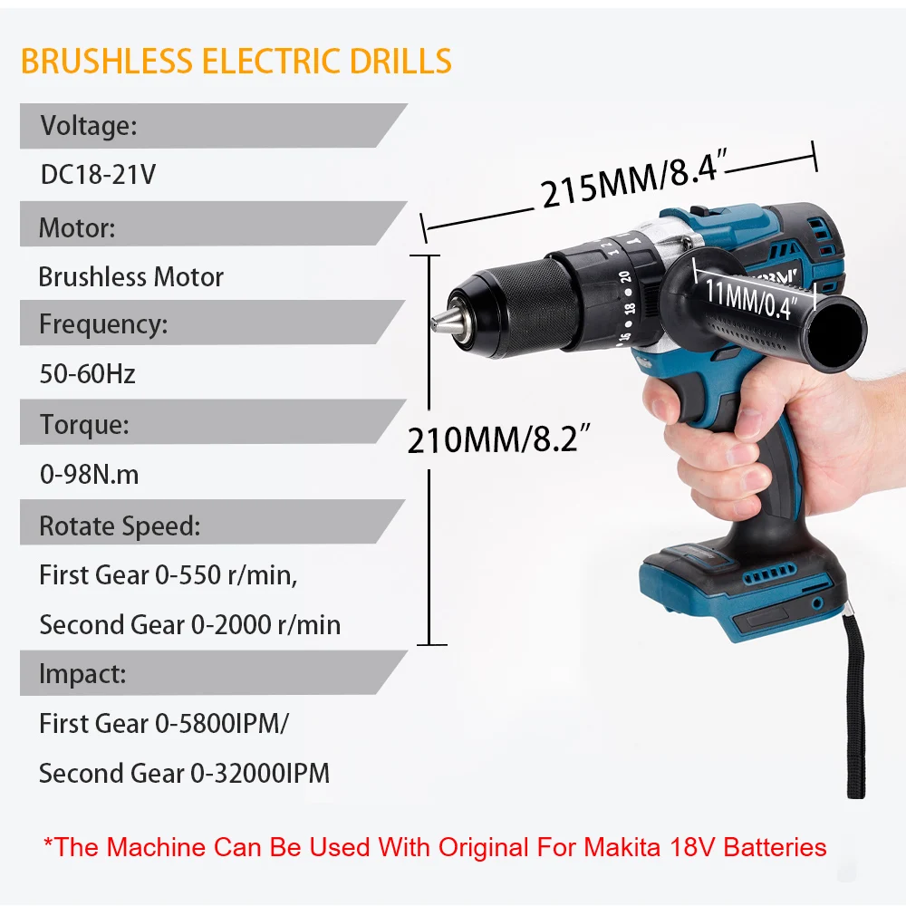 Brushless Electric Impact Drill 3 in 1 Electric Screwdriver with Handle Hammer Power Driver For Makita 18V Battery (No Battery)