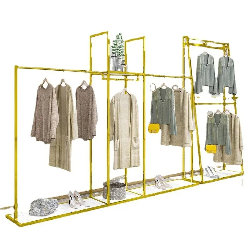 Stainless steel clothing store display rack Floor-to-ceiling gold double-layer display hanger
