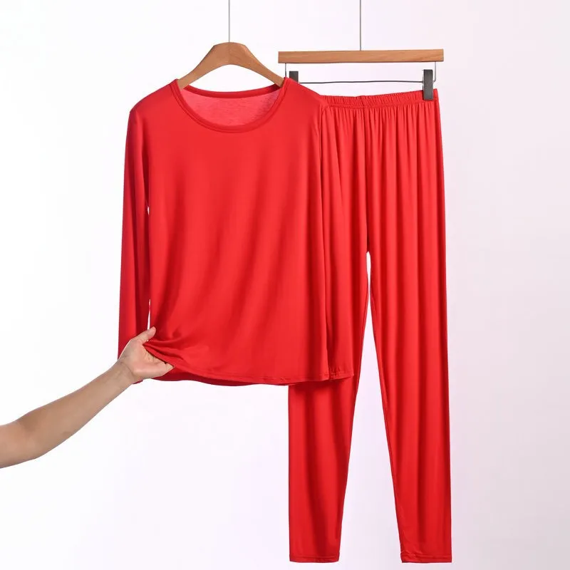 2 Pcs Homewear Casual Pajamas Women Plus Size Modal Thermal Chemise Set Soft Base Layer Top Pants Intimate Lingerie Loungewear