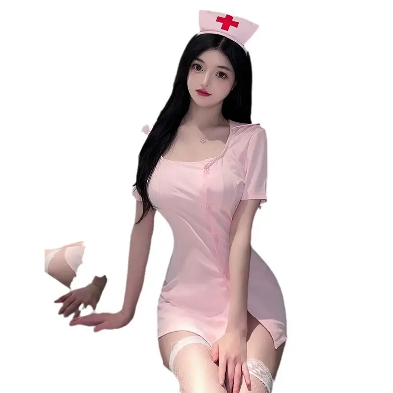 Sexy Lingerie Nurse Uniform Collocation Pink Dress Comfortable and Breathable Nurse Headband T Pants White Fishnet Stockings