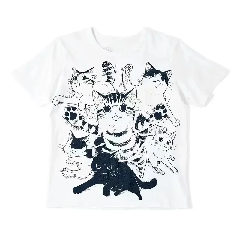 Retro Summer Hip Hop Harajuku Vintage Cat Print Oversized T Shirt Street Short Sleeve Casual Female T-shirts Y2k Punk Clothes