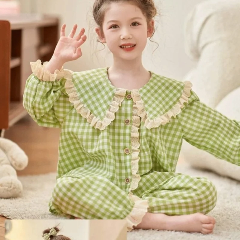 

Клетчатая пижама для девочек с длинными рукавами, весенне-осенний комплект домашней одежды принцессы с кондиционером