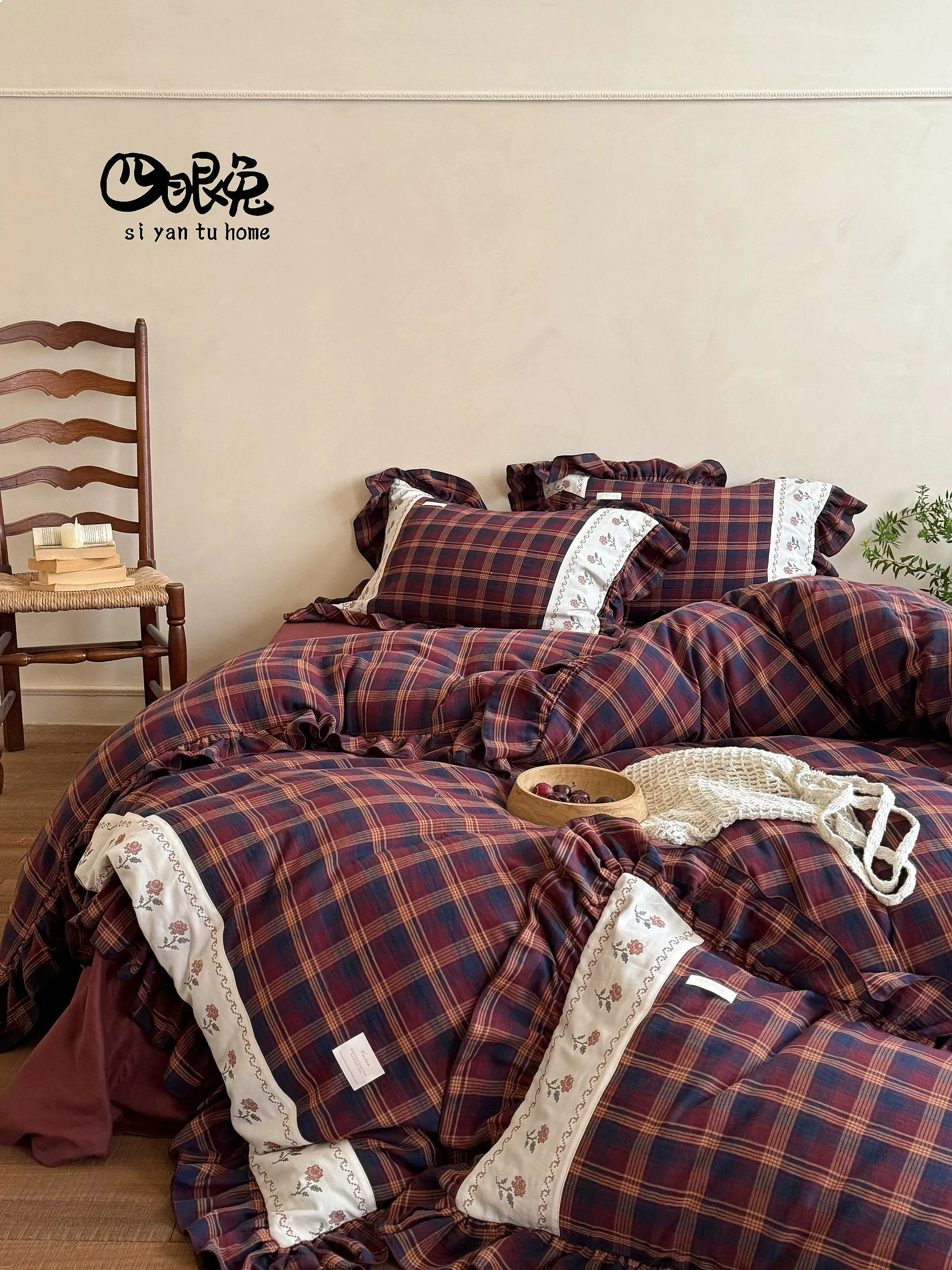 Scottish Wine French Vintage Plaid Cotton Double Gauze Bedding Set Embroidery Duvet Cover Soft