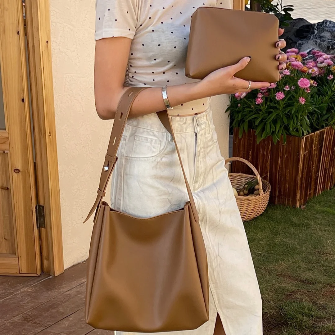 Leather Shoulder Bags Women 2pcs Solid Korean Fashion Handbags Office Lady Large Capacity Outdoor Portable Tote Bag Purse Bolsos