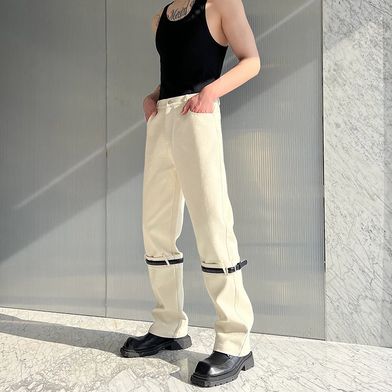 

Мужские джинсы свободного кроя с поясом, длинные брюки в корейском стиле, модные повседневные брюки, трендовые белые брюки