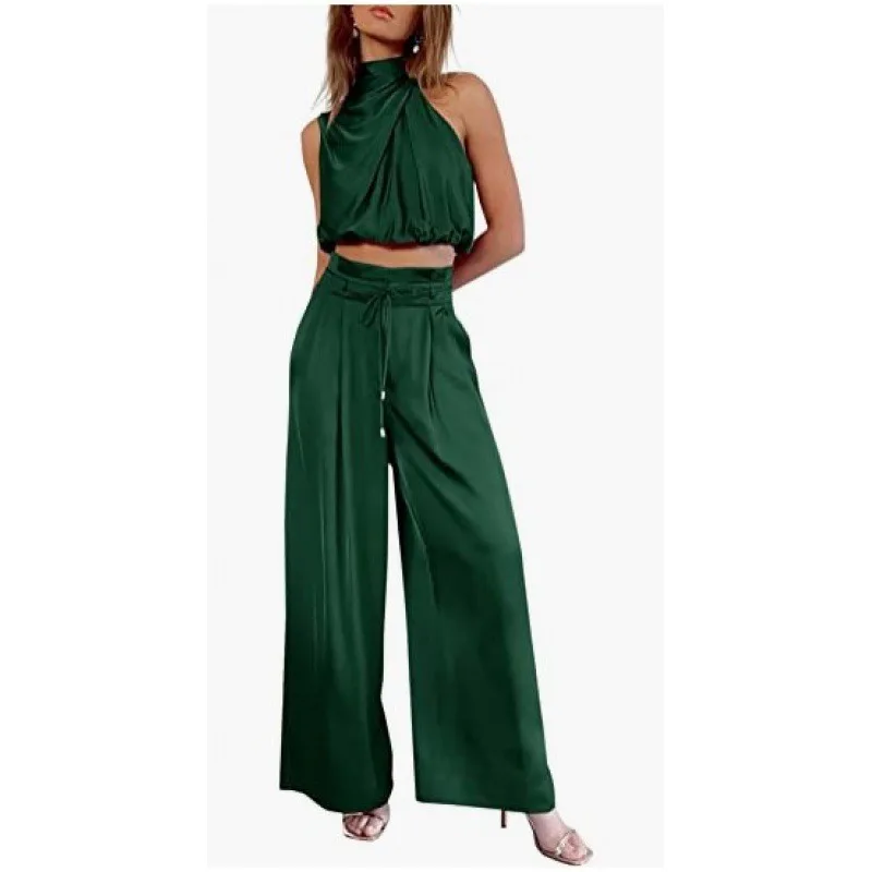 Women\'s Set 2023 Summer Casual Sleeveless Collar Open Navel Top Wide Leg Pants Set