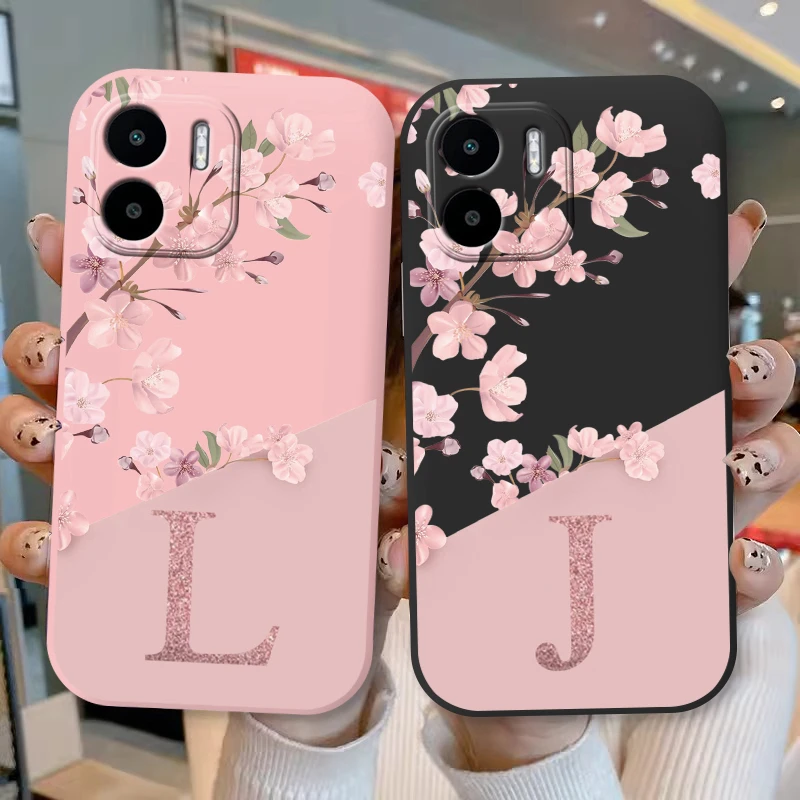 For Redmi A1 A2 Phone Case Pink Flowers Initial Letter A To Z Silicone Soft Back Cover For Redmi A 1 RedmiA2 Alphabet Coque Capa