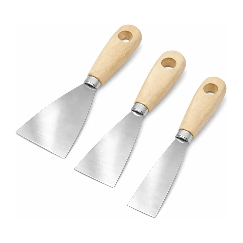 3Pcs Stainless Steel Paint Wallpaper Scraper 1/2/3Inch Wide Wooden Handle Paint Scraper Paint Filling Putty Scrapers Knife Tool