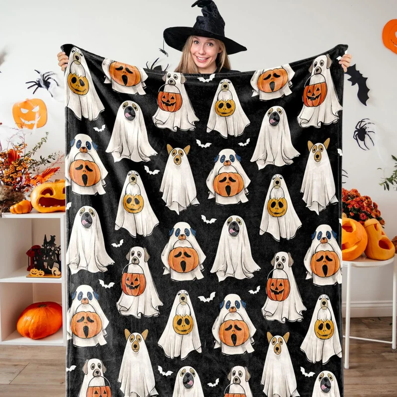 

Halloween Fuzzy Blanket Ghost Dog Pumpkin Throw Blanket Black Soft Cozy Flannel Blanket for Party Couch Blanket