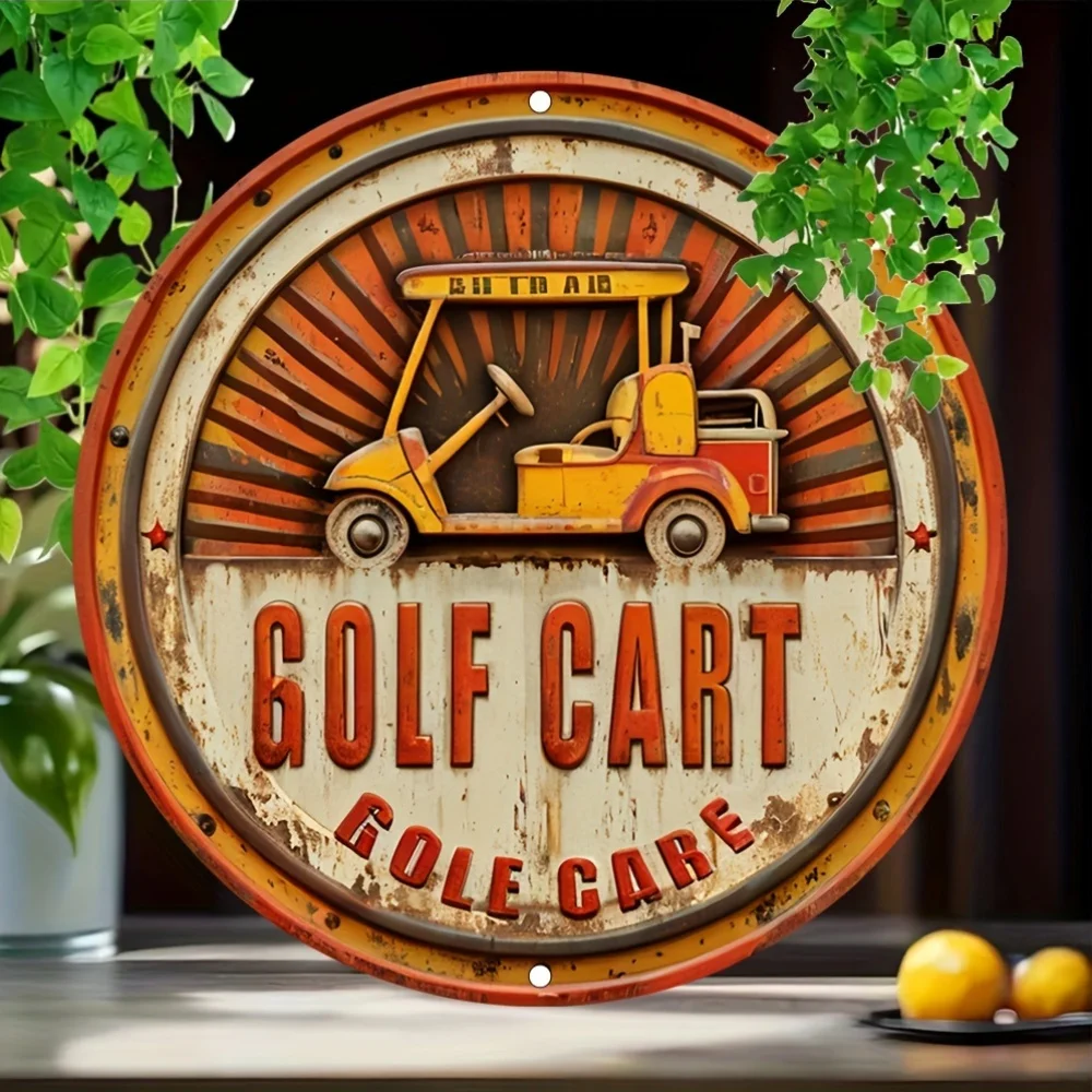 Vintage Golf Cart Sign: Rustic 2D Metal Round Decor, Perfect for Christmas, Halloween, or Any Outdoor Space - 19.99x19.99cm