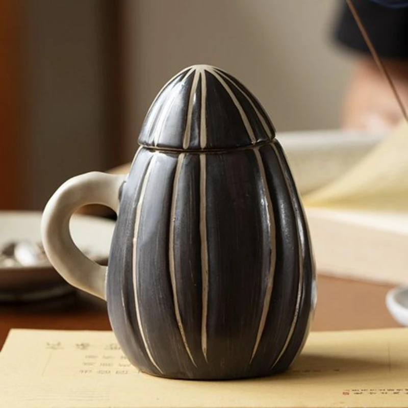 Hand-carved Ceramic Mug with Lid Exquisite Creative Advanced Melon Seed Modeling High Temperature Resistance Cute Coffee Tea Cup