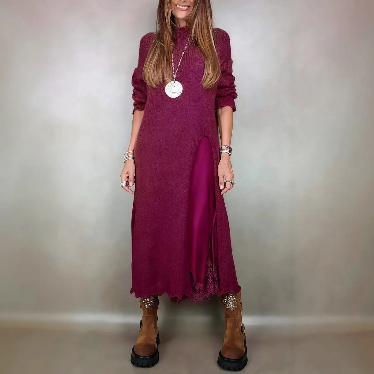 Autumn Soft Loose Sets Women 2 Pieces Long Sleeve Pullover Sweater + Lace Sexy Vest Dresses Two-piece Set Elegant Dress Outfits