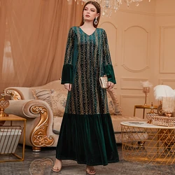 Bronzing Printed Embroidered Caftan Leisure Gold Velvet Arab Women Abaya Muslim Dress Islamic Clothing Waist Dress Belt