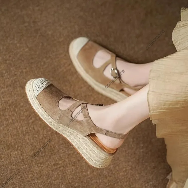 Comemore Platform Baotou Wedge Heel Pumps Spring Summer Flat Straw Botttom Suede Casual Mary Jane Shoes Round Head Heels Women view 4