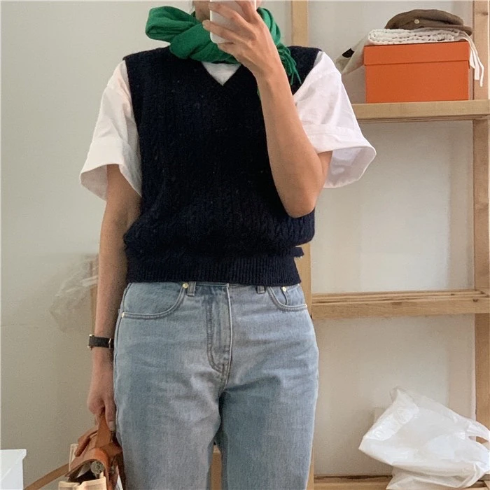 

Вязаный жилет V-Ne, винтажный студенческий твидовый узор, универсальный женский деловой повседневный топ на осень 2024, модный бальный топ