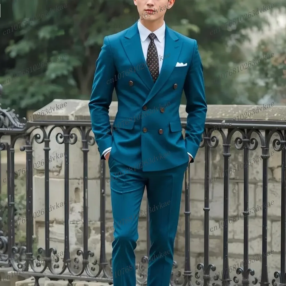 

New Blue Formal Occasions Business Men Suit Groom Groomsman Wedding Party Prom Male 2 Piece Set Tuxedos Blazer Pants
