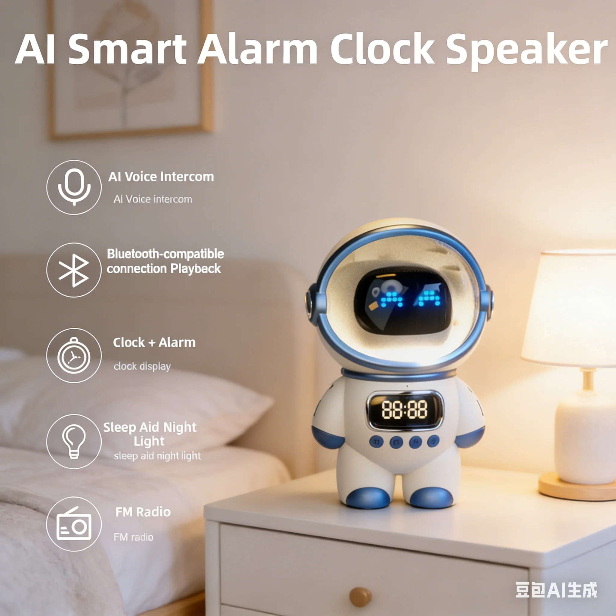1pc Smart AI Robot BTv5.1 EDR Wireless Alarm Clock Speaker TF Card FM Clock AI Intelligent Intercom Astronaut Creative Radio
