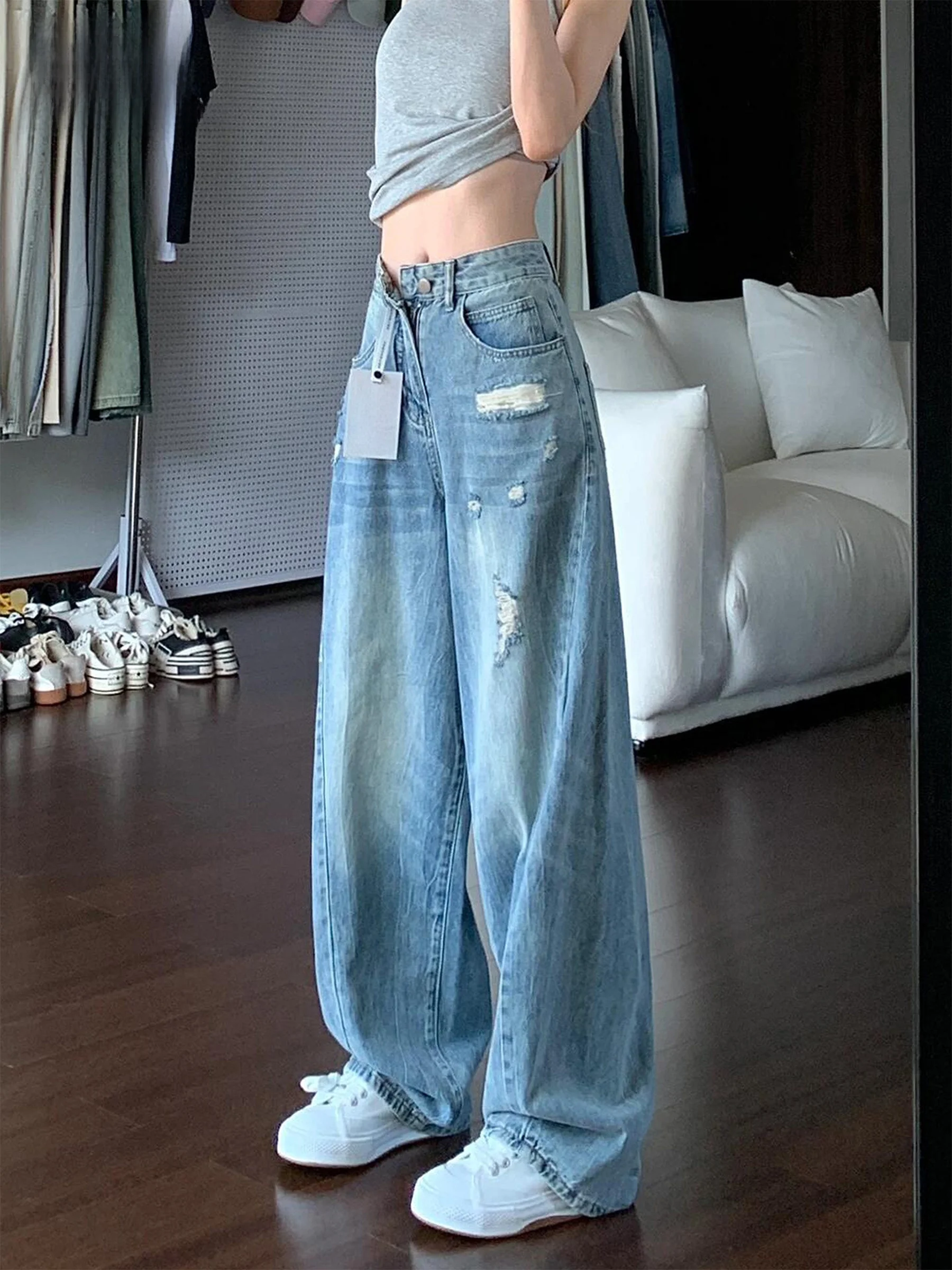 

Женские летние джинсы из плотного выстиранного синего денима с широкими штанинами, с эффектом похудения, с рваными элементами, повседневные, с высокой талией, в американском стиле