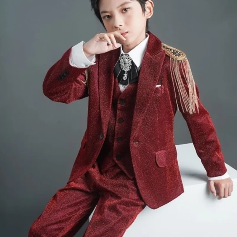 

Новинка 2023 года, детский пиджак с длинными рукавами, пальто, брюки, жилет, комплект, модная верхняя одежда для мальчиков, костюм для выступлений на фортепиано LI788