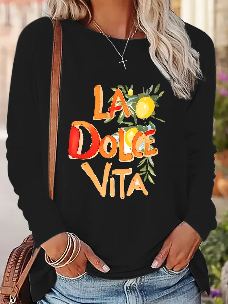 La Dolce Vita Lemon Printed Long Sleeve Shirt Woman T Shirt Women's  Print  T-Shirt Crew Neck Top Tee Tshirt Casual