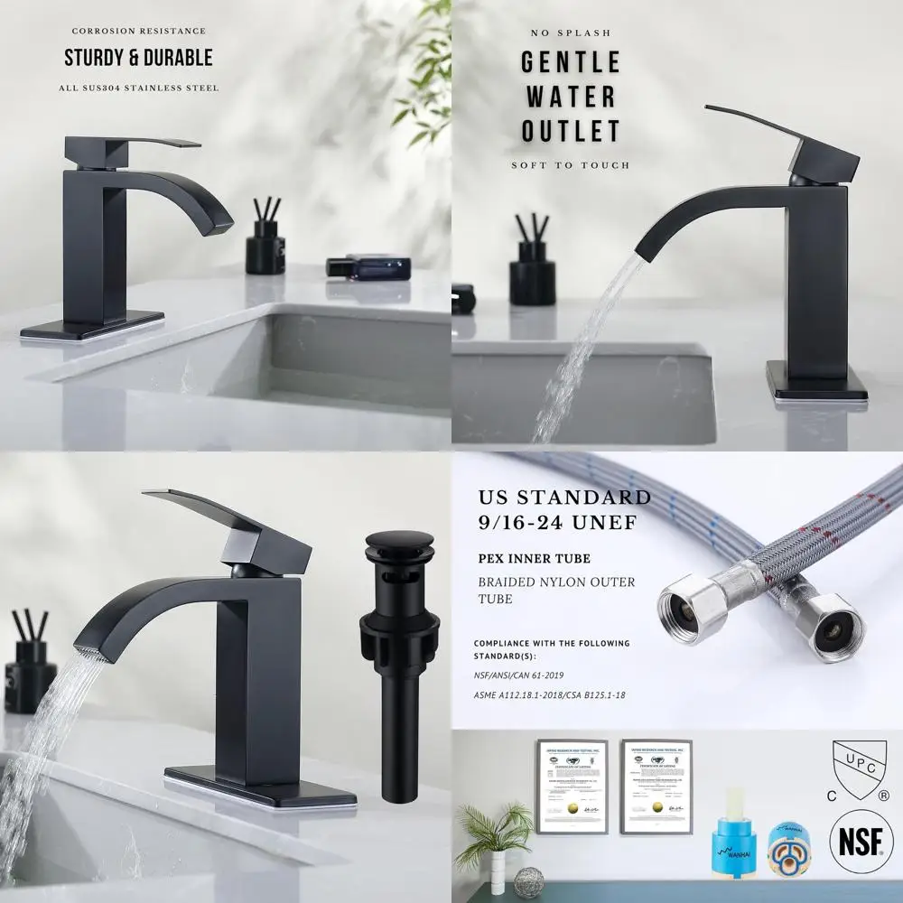 

Modern Single Handle Stainless Steel Bathroom Faucet with Pop-Up Drain and Overflow, 1 or 3 Hole Mount, Black Finish