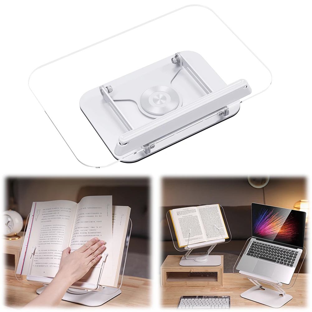 Acrylic Book Stand for Reading Adjustable Book Holder with 360 Degree Rotating Base Foldable Desktop Riser for Laptop