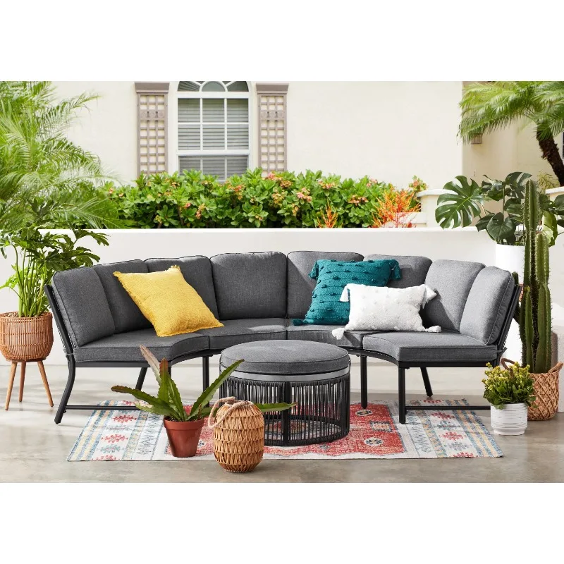 Lawson Ridge 3-Piece Steel Curved Outdoor Sectional Set with Cushions, Gray - Seats 4