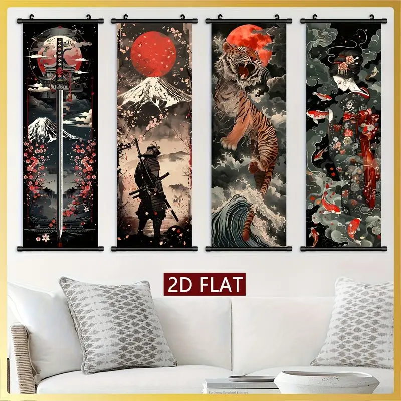 VIKAMA Japanese Samurai Scroll Wall Hanging Tiger Geisha Koi Art For Bedroom Living Room Dark Red Black Background Home Decor