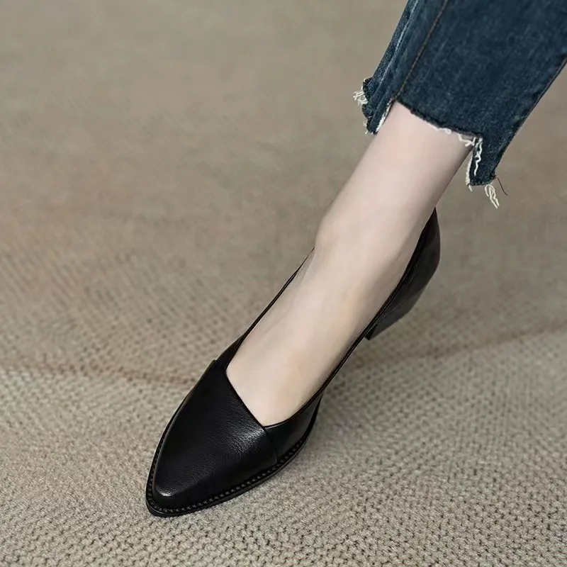 Women Flats Low Heels Dress Shoes Black Toe Slip on Shoes Women Patchwork Boat Shoes Elegant Single Office