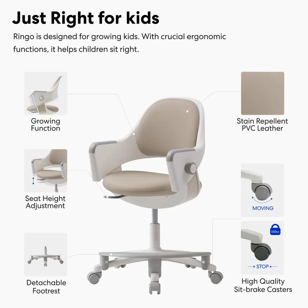 Ringo Kids Desk Chair : Ergonomic Kids Chair with Footrest, 4-Step Growing Function, Sit-Locking Casters, Swivel Type Kids Chair