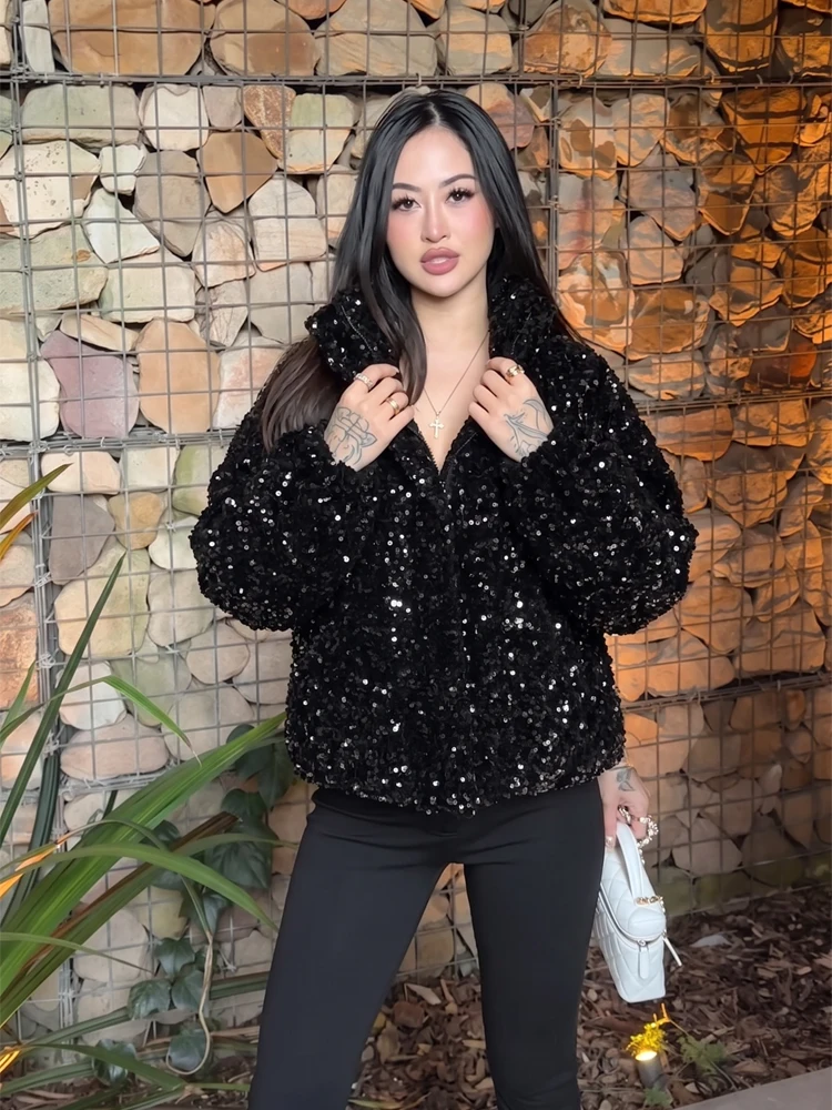 Womens Black Sequin Puffer Coat Zip Up Stand Collar Pockets Warm Jacket Fall Winter Party Club Streetwear Trendy Chic Cozy Wear