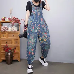 Fashion Streetwear Print Floral Denim Jumpsuit Women Casual Loose Wide Leg Pants Rompers Big Size Pockets Straps Jeans Overalls