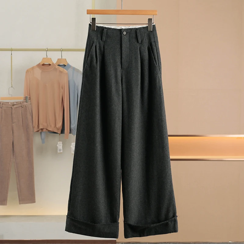 

XKing Зимние Новые Женские Брюки с Высокой Талией и Широкими Штанинами, Шерстяные Вязаные Брюки с Отворотами, Повседневные Модные Брюки с Карманами, Смесь Полиэстера