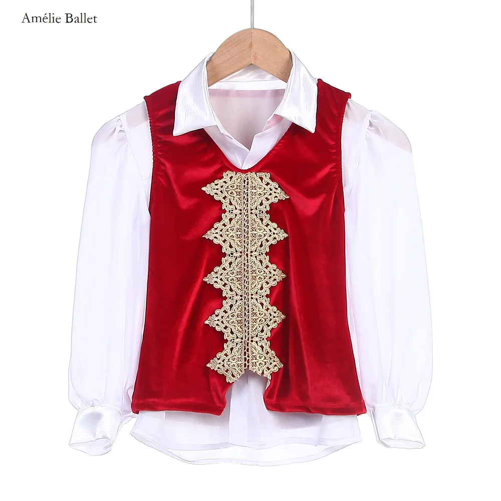 

24087 Red Velvet Outfit and White Shirt 2 in 1 Dance Costume Men's Ballet Top Tunic with Gold Trim Ballet Dance Dresses