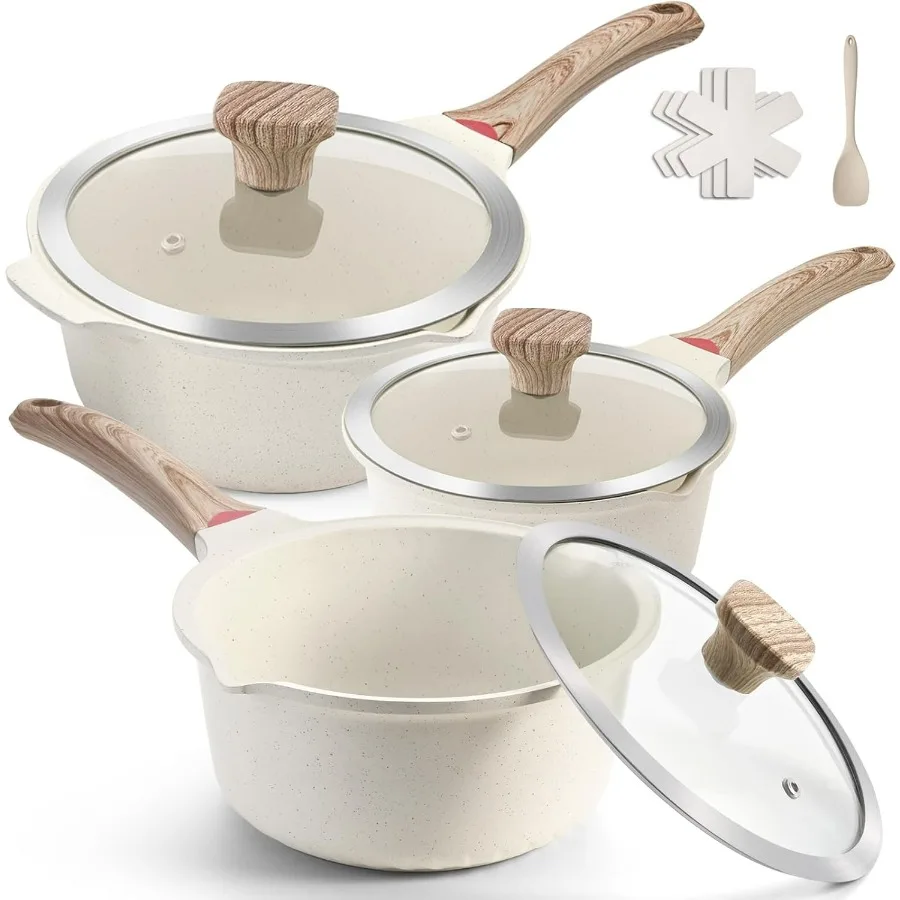 

Набор кастрюль для соуса с крышкой, 10 шт., 3 белых антипригарных кастрюли, наборы индукционных кастрюль, набор кастрюль с силиконовыми инструментами и защитой кастрюли