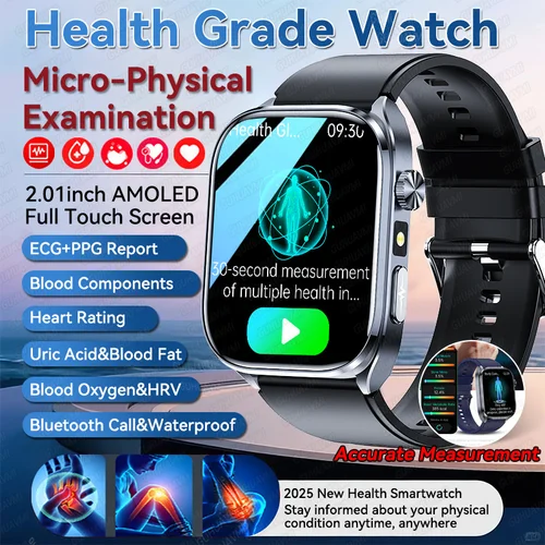 Reloj inteligente para hombre y mujer, pulsera inteligente con presión arterial, ácido úrico, presión arterial, ECG + PPG, llamada Bluetooth, 2025