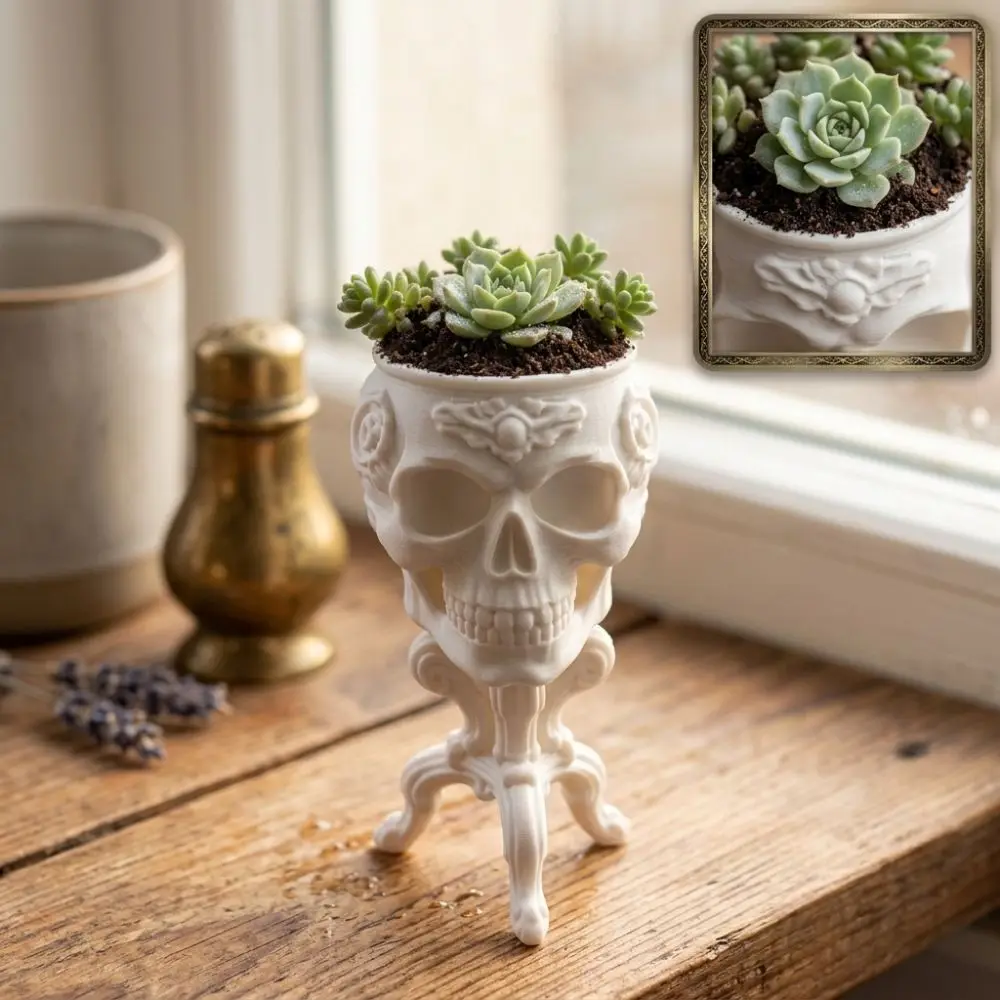3D Printed Halloween Goblet Skull Planter Gothic Vintage Carved Skull-Shaped Table Vase Spooky Dark Integrated