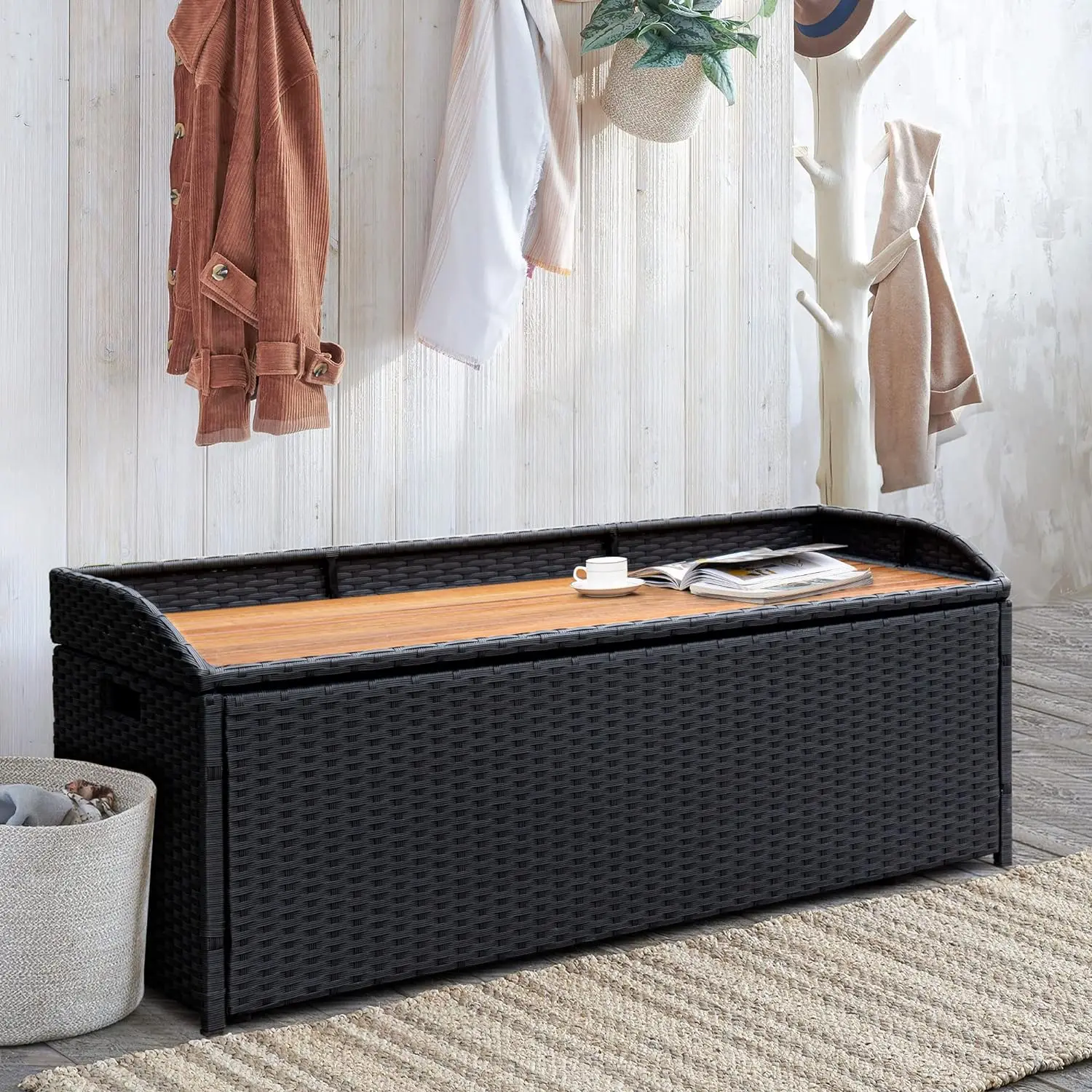 

Outdoor Storage Bench 70 Gallon Rattan Deck Box with Acacia Wood Seat Indoor Entryway Decor Storage Box for Toys, Cushion, Tools