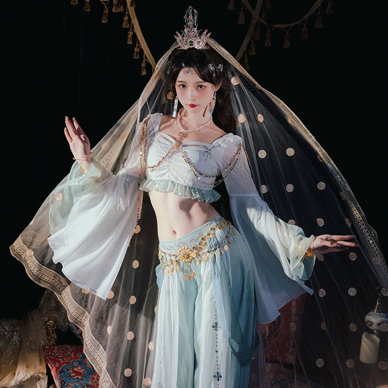 

Костюм Ханьфу Dunhuang Feitian Yuruiji: Экзотическое платье в стиле Западного региона, с элементами Хань, топ с вышивкой и брюки-фонарики