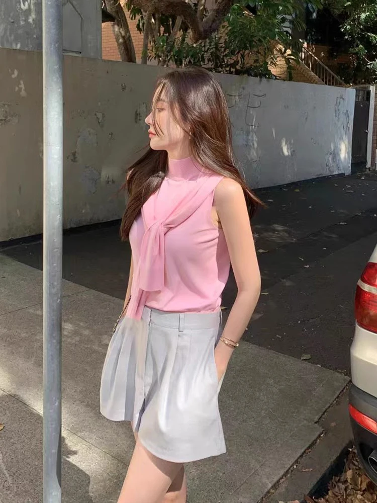 ชุดเซ็ตสองชิ้นเสื้อกั๊กไหมพรมคอสูงทรงสวยสไตล์วินเทจสำหรับฤดูร้อน กางเกงเอวสูงจีบพลีท แฟชั่นสำหรับผู้หญิง