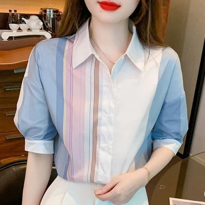 Fashion Korean Summer New Blouses Spliced Striped Loose All-match Casual Half Sleeve Polo Neck Single-breasted Women Shirts Tops