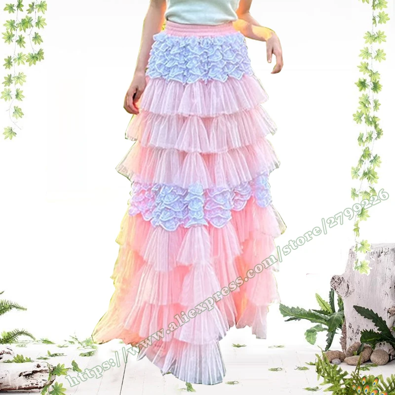 Korean Sweet and Cute princess fairycore Long Pink female skirt Lace Mesh slim Maxi Cake Fairy Maxi Girl's  Skirt Women 2024