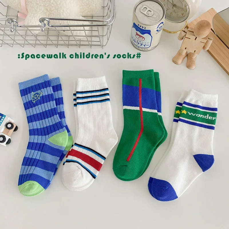 1-12Year 4Pairs Pack 2023 Spring Contrast Stripe Medium Socks Sporty Boys' Thin Baby Socks